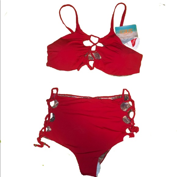 Two pieces reversible red swimsuit